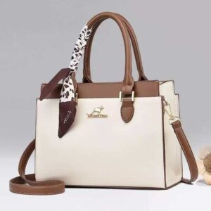 White & Brown Structured Top-Handle Tote Bag